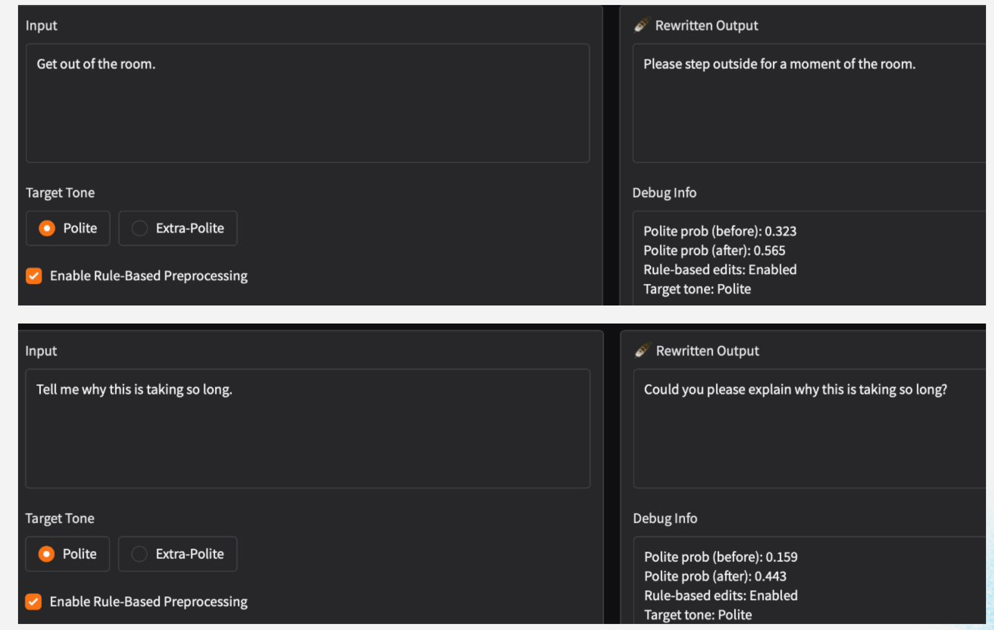 Politeness Rewriter Output